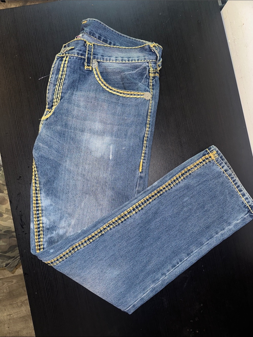 True Religion Men's Blue Jeans with Yellow Contrast Stitching